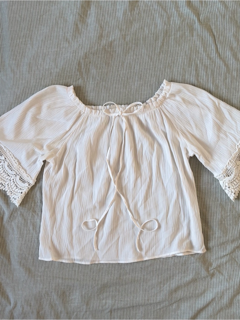 Women’s White Off-Shoulder Peasant Top with Crochet Trim